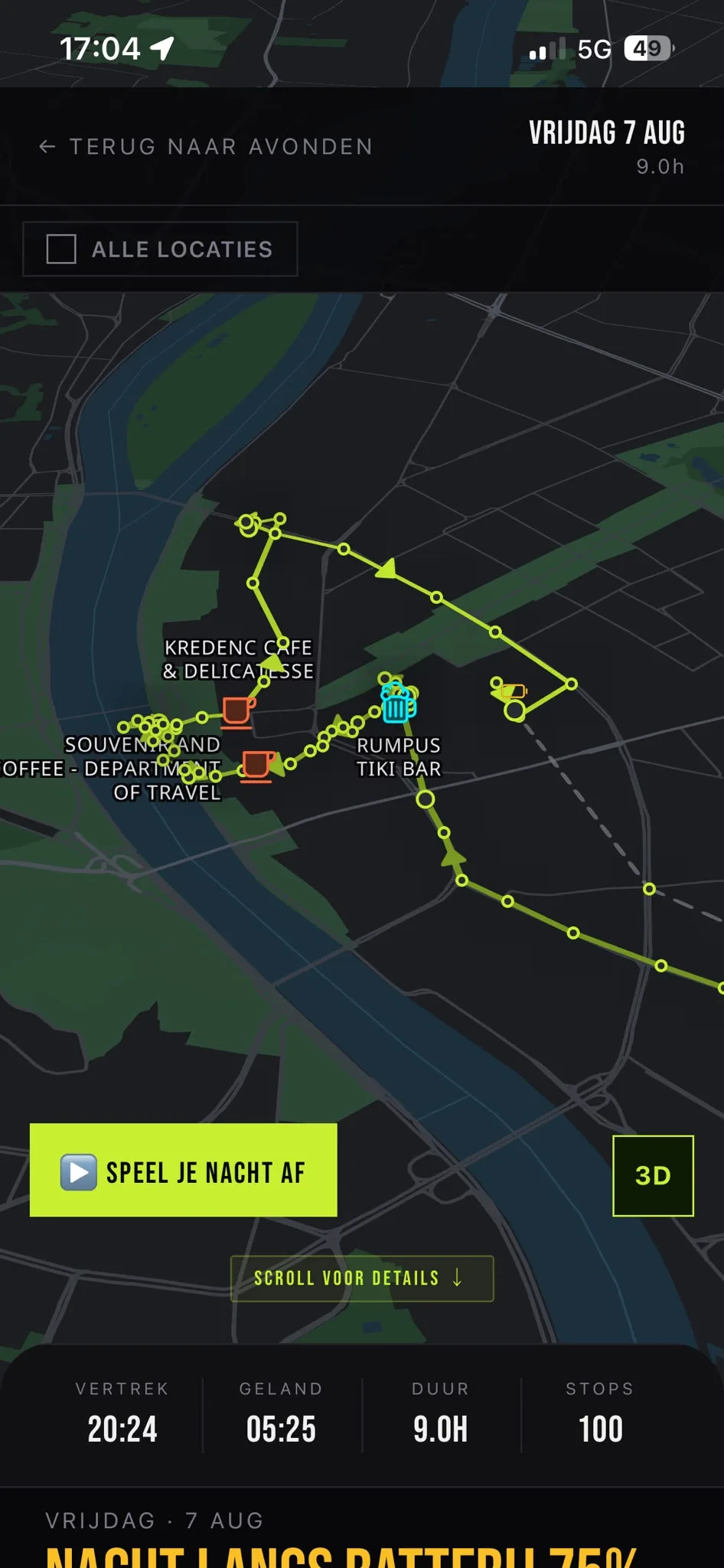De nachtkaart met genummerde stops en de gelopen route ertussen.