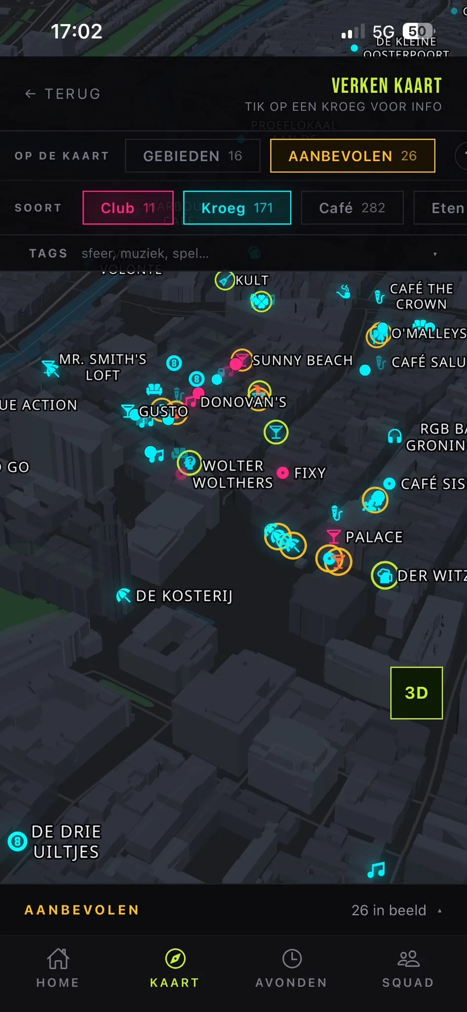 De kaart van de stad met kroegen, cafés en clubs erop.